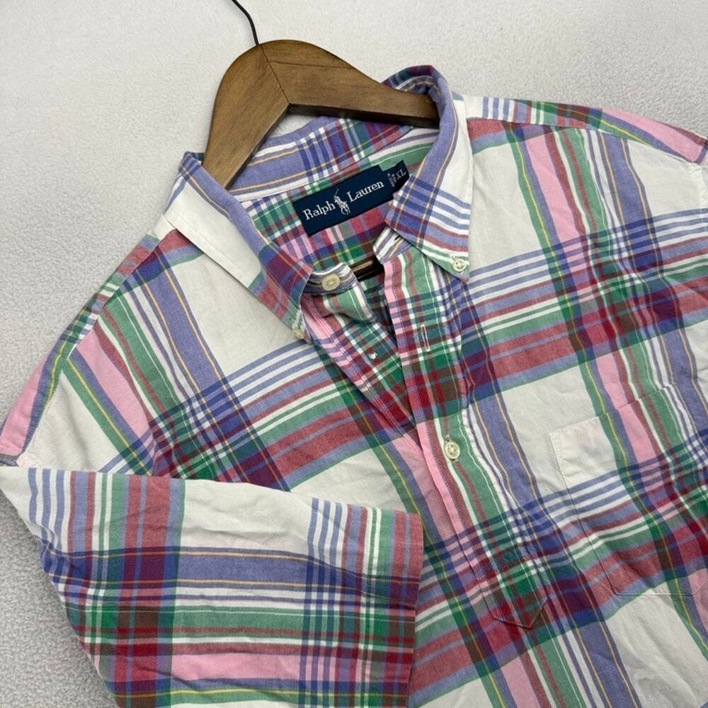 Vintage Ralph Lauren Shirt Men's XL White Colorful Plaid Madras Popover pony 90s